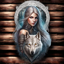 Load image into Gallery viewer, Enchanted Forest Sentinel Metal Wall Sign - Mystical Wolf and Warrior Woman Art, Ethereal Fantasy Realm Decor-OsirisTradingUK