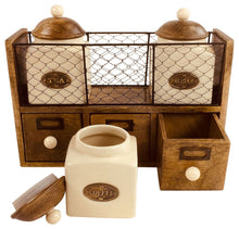 Load image into Gallery viewer, Rustic Wooden Tea Coffee Sugar Storage Rack with Ceramic Jars and Drawers - Wall Mountable