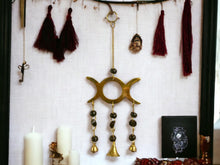 Load image into Gallery viewer, Triple Moon Goddess Wind Chime - Mystic Brass Harmony Bells, Black Bead Accents, Pagan Altar Decor, Spiritual Gift, 26cm-OsirisTradingUK