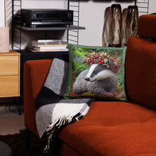 Load image into Gallery viewer, Royal Badger Cushion with Berry Crown | 18"x18" Decorative Throw Pillow | Woodland Animal Decor | Unique Wildlife Home Accent