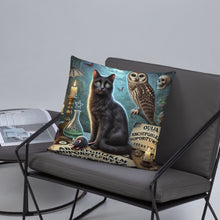 Load image into Gallery viewer, Magical World Inspired Cushion | Enchanted Black Cat, Owl & Ouija Board Design | Witchy Home Decor | Mystical Gothic Pillow