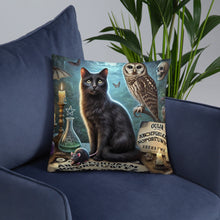 Load image into Gallery viewer, Magical World Inspired Cushion | Enchanted Black Cat, Owl & Ouija Board Design | Witchy Home Decor | Mystical Gothic Pillow