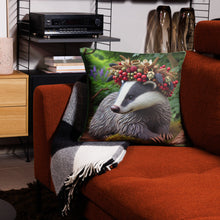 Load image into Gallery viewer, Royal Badger Cushion with Berry Crown | 18"x18" Decorative Throw Pillow | Woodland Animal Decor | Unique Wildlife Home Accent