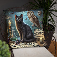 Load image into Gallery viewer, Magical World Inspired Cushion | Enchanted Black Cat, Owl & Ouija Board Design | Witchy Home Decor | Mystical Gothic Pillow