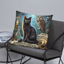 Load image into Gallery viewer, Magical World Inspired Cushion | Enchanted Black Cat, Owl & Ouija Board Design | Witchy Home Decor | Mystical Gothic Pillow