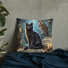 Load image into Gallery viewer, Magical World Inspired Cushion | Enchanted Black Cat, Owl & Ouija Board Design | Witchy Home Decor | Mystical Gothic Pillow