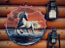 Laden Sie das Bild in den Galerie-Viewer, Horse at Sunset Metal Wall Plaque – Galloping Stallion Ocean Scene Bottle Cap Art 40cm
