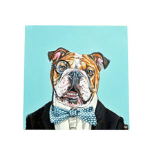 Load image into Gallery viewer, Monocle Max Ceramic Art Tile by Victoria Coleman - 20x20 cm Bulldog in Tuxedo Ready to Hang, Decorative Wall Art, Gift for Dog Lovers