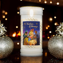 Laden Sie das Bild in den Galerie-Viewer, Christmas Blessings Nativity Pillar Candle with Gold Foil – 14x6cm Christmas Decor, Festive Holy Family Scene Candlelight, Religious Holiday Ornament
