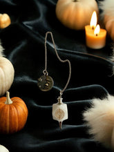 Load image into Gallery viewer, White Agate Reiki Pendulum with Cho Ku Rei Symbol & Moon Charm | Dowsing Divination Tool