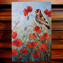 Load image into Gallery viewer, Judith Yates - Bright Poppies Goldfinch Ceramic Art Tile - 30 x 20 cm - Wall Hanging