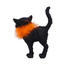 Load image into Gallery viewer, Furdinand Black Cat Figurine with Orange Feather Boa – 23cm Quirky Halloween Decor