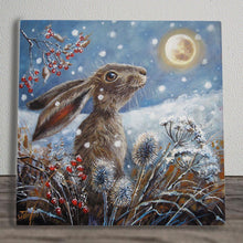 Load image into Gallery viewer, ICE MOON HARE Ceramic Art Tile by Judith Yates 20x20 cm – Nature Wall Décor, Winter Scene, Ready to Hang
