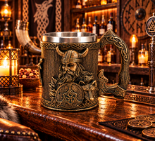 Laden Sie das Bild in den Galerie-Viewer, Viking Beer Tankard Warrior Wolf Shield Norse Nordic Medieval Fantasy Mug Gift