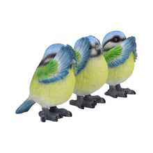 Load image into Gallery viewer, Three Wise Blue Tit Bird Figurines See No, Hear No, Speak No Evil Set Ornaments