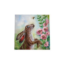 Load image into Gallery viewer, HOLLYHOCK HARE Ceramic Art Tile by Judith Yates - 20x20 cm, Handcrafted Wall Art