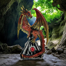 Laden Sie das Bild in den Galerie-Viewer, Red Gold Dragon Figurine 16.5cm | Fantasy Resin Dragon Ornament on Claw Base with Eye | Gothic Home Decor