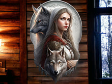 Load image into Gallery viewer, Majestic Northern Protector Metal Wall Sign - Noble Wolf and Warrior Princess Art, Legendary Fantasy Wall Decor for Enthusiasts-OsirisTradingUK