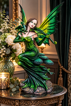 Charger l'image dans la galerie, Emerald Green Fairy Dragon Figurine 55cm Woodland Fantasy Violin Statue Decor