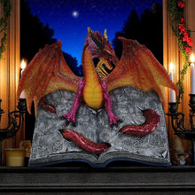 Laden Sie das Bild in den Galerie-Viewer, Fantasy Dragon on Spellbook Ornament | Red Glitter Resin Figurine | Magical Gothic Decor 18cm