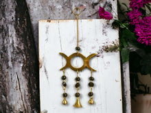 Load image into Gallery viewer, Triple Moon Goddess Wind Chime - Mystic Brass Harmony Bells, Black Bead Accents, Pagan Altar Decor, Spiritual Gift, 26cm-OsirisTradingUK