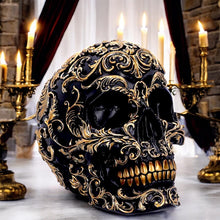 Laden Sie das Bild in den Galerie-Viewer, Ornate Black and Gold Skull Ornament Gothic Home Décor Elegant Skull Sculpture