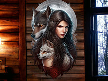 Laden Sie das Bild in den Galerie-Viewer, Majestic Wolf and Warrior Woman Metal Wall Sign - Intricate Fantasy Art Decor - 48x29cm - Powerful and Mystical Home Accent-OsirisTradingUK