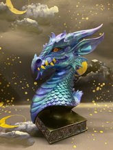 Load image into Gallery viewer, Blue Dragon Bust on Plinth - Resin Art Sculpture - Mythical Decor Centerpiece 30x21cm