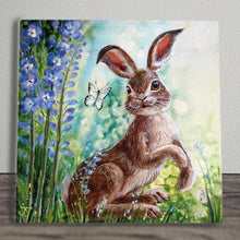 Load image into Gallery viewer, Delphinium Hare Ceramic Art Tile by Judith Yates 20x20 cm - Ready to Hang - Boxed Gift - Beautiful Hand-Painted Hare Design