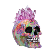 Laden Sie das Bild in den Galerie-Viewer, Psychedelic Crystal Skull with Light Up Mohawk Vibrant Gothic Figurine Alternative Art