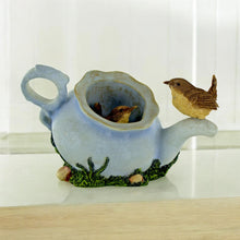 Load image into Gallery viewer, Charming Wrens in a Kettle Garden Ornament - Handcrafted Resin Bird Decor - Perfect for Nature Lovers!