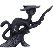 Laden Sie das Bild in den Galerie-Viewer, Bewitch Spell Cat Figurine Flying Wiccan kitty Broomstick Fantasy Halloween Altar