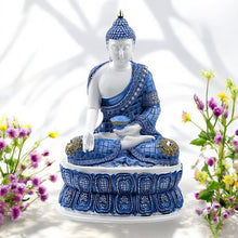 Laden Sie das Bild in den Galerie-Viewer, Elegant White & Blue Buddha Ornament - Lotus Pose Meditation Decor 26.5cm