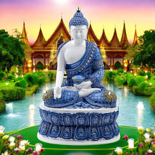 Laden Sie das Bild in den Galerie-Viewer, Elegant White & Blue Buddha Ornament - Lotus Pose Meditation Decor 26.5cm