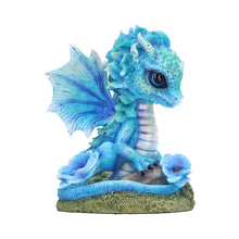 Load image into Gallery viewer, Blue Baby Dragon Figurine 11cm – Fantasy Resin Ornament with Rose & Glitter Wings