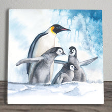 Load image into Gallery viewer, Winter Penguins Art Tile by S. Jones - Handcrafted Ceramic Wall Décor 20x20cm - Ready to Hang