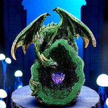 Laden Sie das Bild in den Galerie-Viewer, Mystical Green Dragon with Light-Up Crystal Geode Fantasy Gothic Ornament Gift