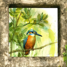 Load image into Gallery viewer, Stunning Kingfisher Perched Ceramic Wall Art Tile by P. Stone - Nature Decor - Ready to Hang, 20x20cm, Home Decor Gift