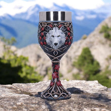 Load image into Gallery viewer, Fantasy Gothic Wolf Goblet – Lisa Parker Celtic White Wolf Chalice with Fall Leaves