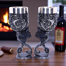 Load image into Gallery viewer, Twin Black Cat Goblets Familiars Gothic Chalice Set Wiccan Occult Wine Glasses