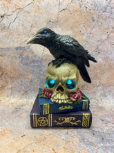 Load image into Gallery viewer, Mystical Raven on LED Skull with Witchcraft Books | Gothic Home Decor | Halloween Decoration Raven Figurine | Witchcraft Gift | Occult Decor-OsirisTradingUK