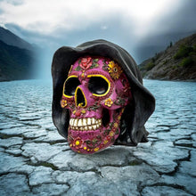 Laden Sie das Bild in den Galerie-Viewer, Gothic Day of the Dead Skull Statue - Purple Floral Fantasy Ornament