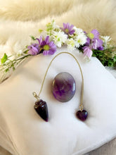 Load image into Gallery viewer, Amethyst Dowsing Pendulum with Heart Charm & Thumb Stone, Crystal Healing Tool - 24cm