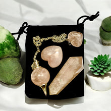 Load image into Gallery viewer, Healing Rose Quartz Crystal Set - Heart Shaped, Wand & Pendulum with Velvet Pouch | Reiki, Chakra Balancing, and Energy Healing Gift Set