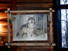Laden Sie das Bild in den Galerie-Viewer, Rustic Timber Wolf Canvas Art with Beads and Feathers - Handcrafted Wood Frame Wall Decor, Nature-Inspired Wildlife Print, Native American-OsirisTradingUK