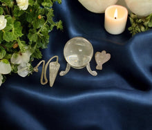 Load image into Gallery viewer, Small Clear Quartz Crystal Ball & Stand, Quartz Dowsing Pendulum & 3cm Quartz Angel Set - 4cm Sphere