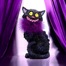 Load image into Gallery viewer, Furgus Black Cat Figurine with Purple Feather Boa – 19.5cm Gothic Decorative Ornament