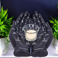 Load image into Gallery viewer, Palmist's Guide Black Chiromancy Hands Candle Holder | Gothic Decor, Hand-Painted Resin, 22.3cm