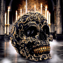 Laden Sie das Bild in den Galerie-Viewer, Ornate Black and Gold Skull Ornament Gothic Home Décor Elegant Skull Sculpture
