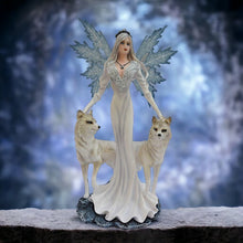 Load image into Gallery viewer, Mystic Winter Guardian Angel with Wolves Statue | Ethereal Ice Wolf Companions Figurine | Celestial Resin Sculpture |  Majestic Decor
